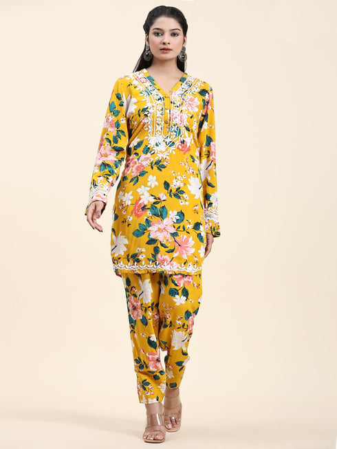Fizaa Chikankari Co-ord set in Printed Rayon Cotton for Women- Yellow
